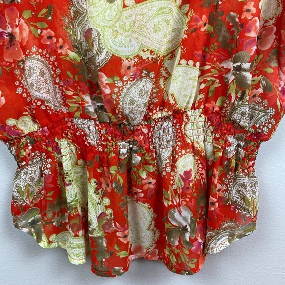 Rafaella Top L Floral Red Green Semi Sheer‎ Smocked Short Dolman Sleeve - Picture 4 of 9